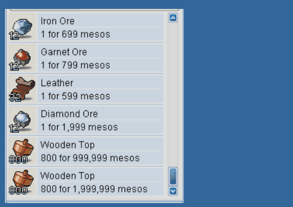 MesoLens price badges appearing next to each listing of a Free Market shop.